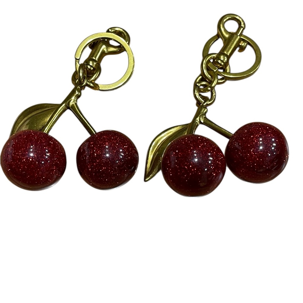 Pack of 2 Gold and Red Cherry Keychains/Purse Charms - Picture 1 of 1